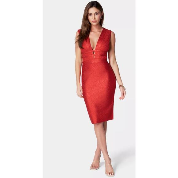 BEBE SIZE SMALL FOILED BANDAGE PLUNGE NECK MIDI DRESS COCKTAIL PARTY RED NEW - Picture 1 of 14